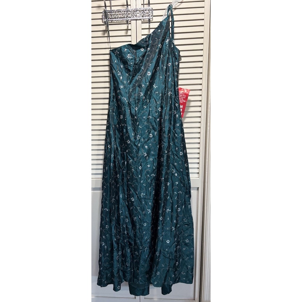 Night Way Green Embroidered Floral Taffeta Long Formal Dress NWT 12 One Shoulder